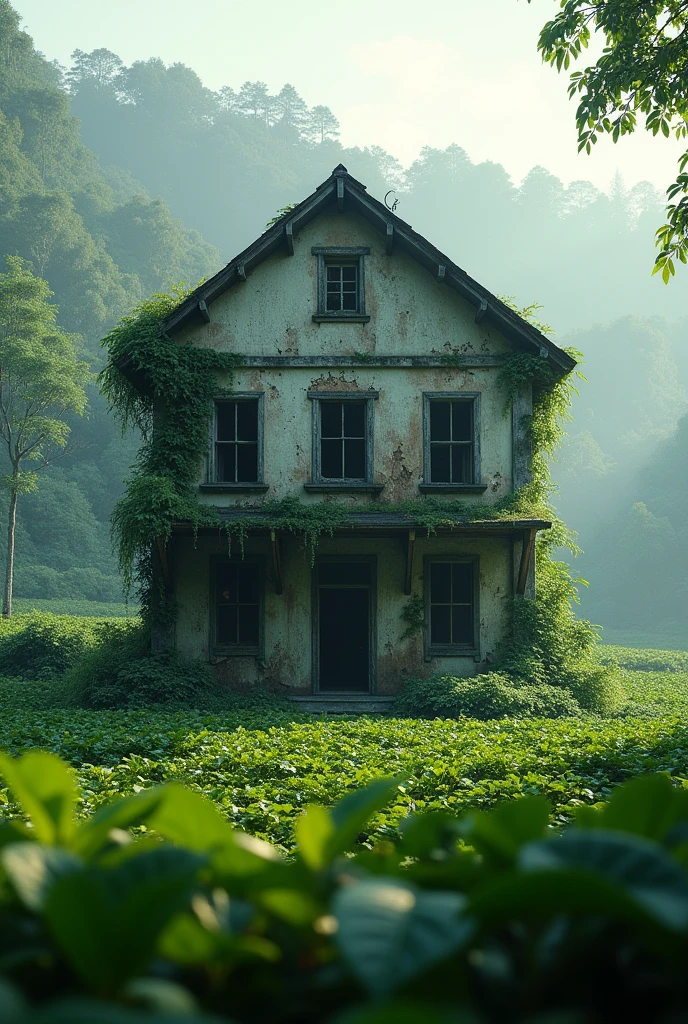 a dilapidated abandoned tea farm building in the center of an overgrown field, moss-covered walls, crumbling roof, broken windows, sunlight filtering through the foliage, vines creeping up the sides, a sense of solitude and decay, detailed textures, photorealistic, cinematic lighting, moody color palette