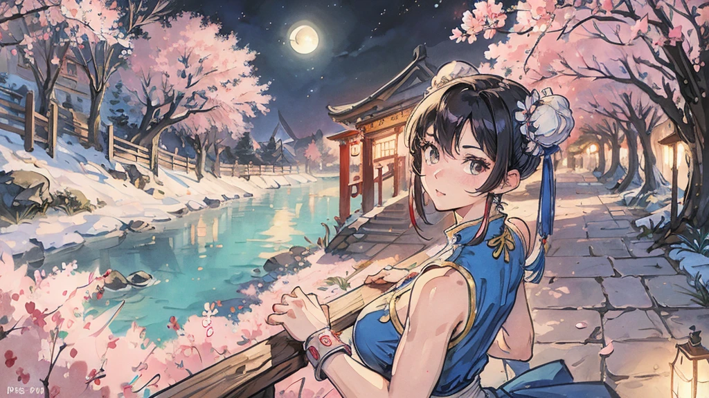 Street Fighter Chun-Li anime Cherry Blossoms at Night Looking Back moon China dress human 1 person Person big