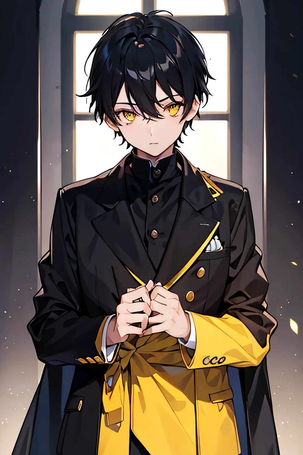 a boy of about /, well dressed, black hair, yellow eyes