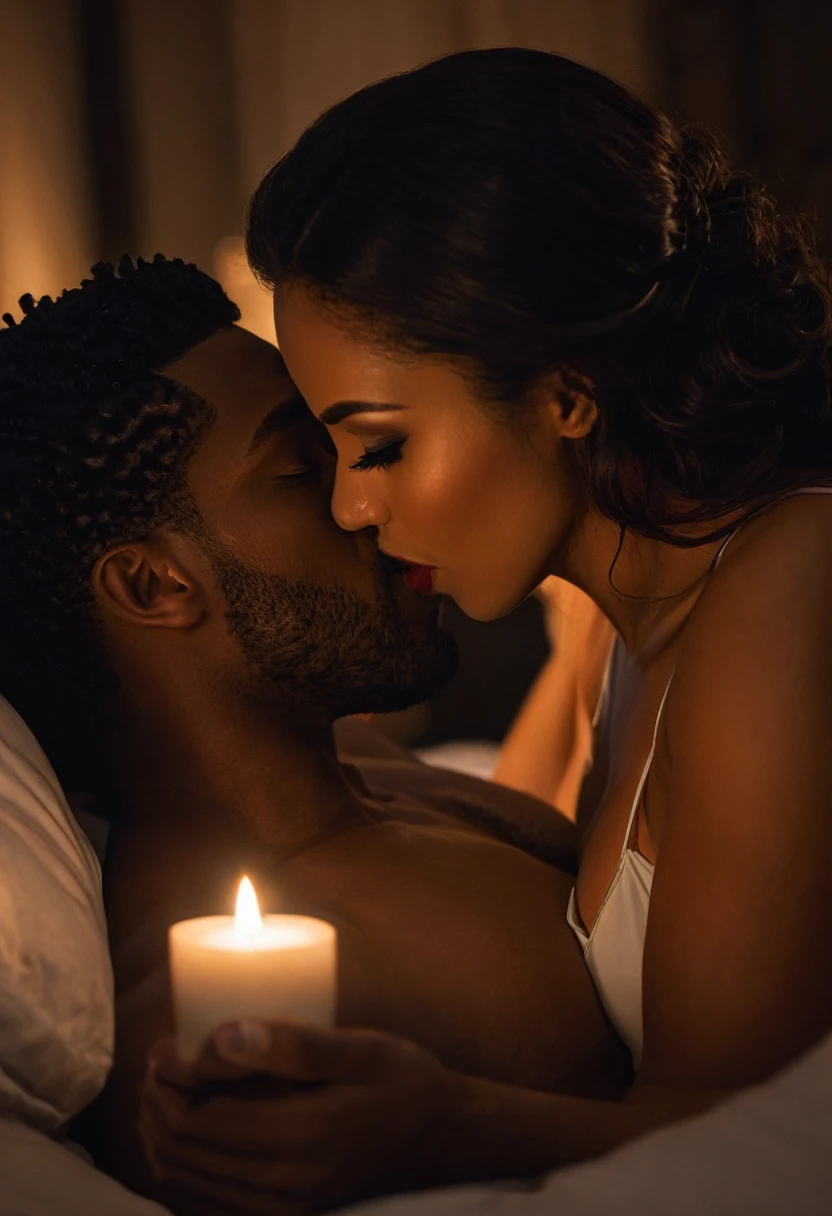 Broderick Hunter and Caucasian actress Jade Tailor share a steamy kiss inside a bedroom lit only by candlelight. Jade has lovely makeup on her face. Nighttime. Romantic ambiance. Symmetrical eyes. Symmetrical faces. Lovely details. Photorealistic. Full-colored photo. Professional photo. Highly detailed 8K.