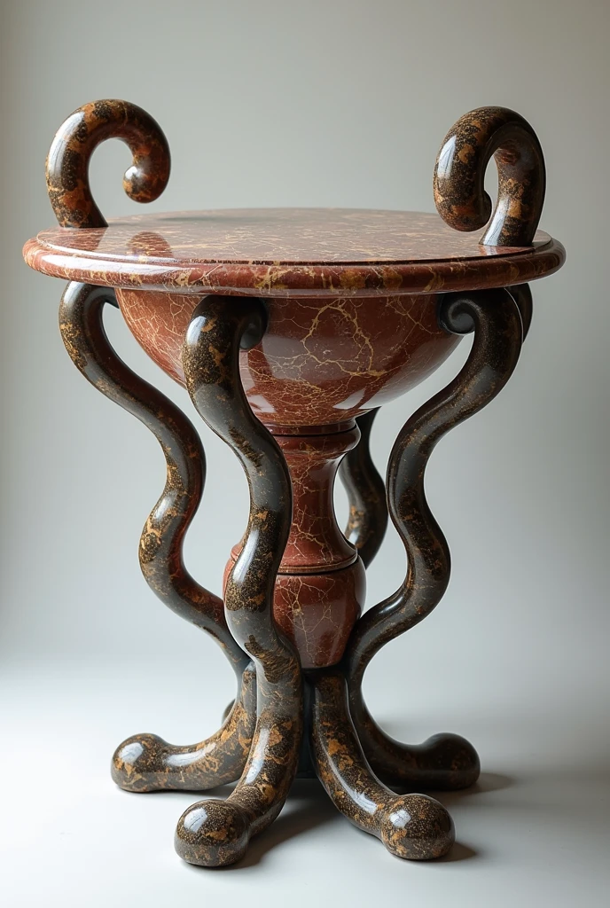 Spider leg table turned, Vase-shaped with large handles, Baroque style, with colored marble finish 
