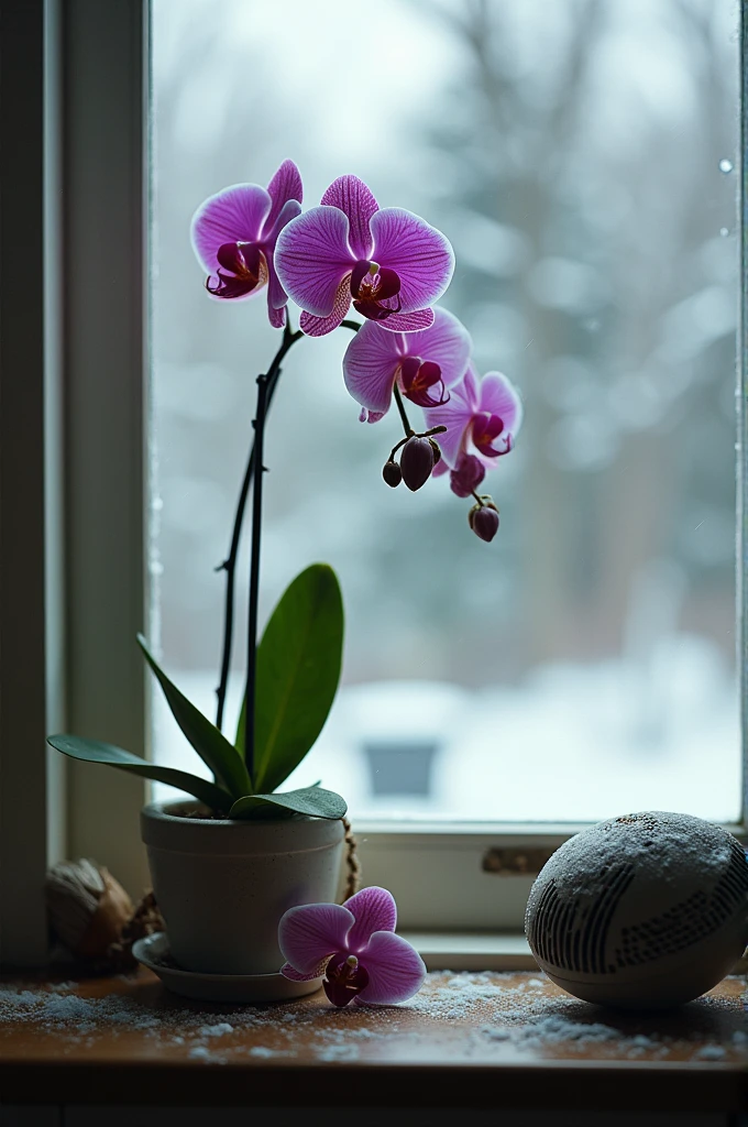 Cold Drafts: An orchid placed near a window with draft stoppers visible, and a space heater nearby (not directly blowing on the plant).