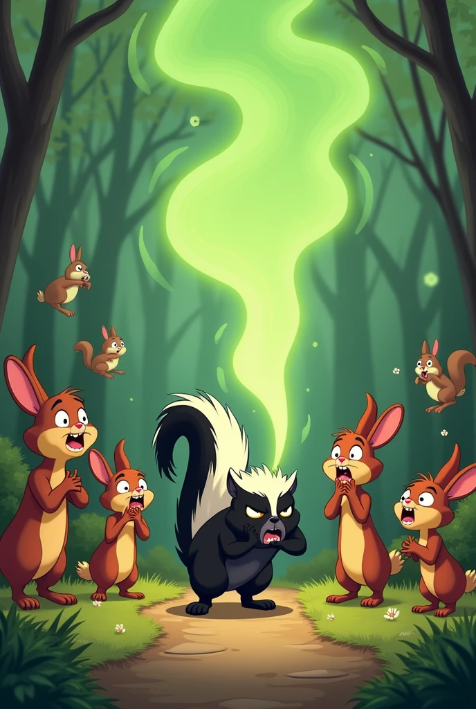 Some animals are scared, panicking and terrified, covering their noses and some holding their breath while a sad skunk passes by releasing a stinky green one., that it is in 2D animation 