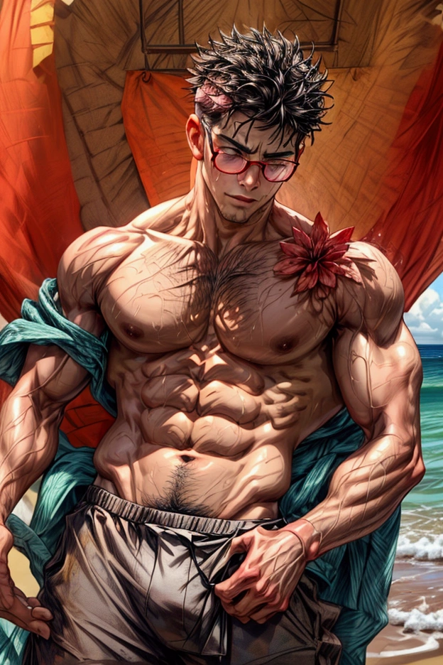 ((realistic human like)), 1 male ager, black hair shining side comb with under shave, thick eyebrows with rough jaw sculpture, the whole body is very wet with shiny oily, leaner body with no fat with every muscle more tense and clearly built ((shirtless)), chest and shoulders are very ripped muscles, hairy stomach and abdominal muscles are very ripped perfect detail, waist size is thinner, white knit boxers with red hibiscus print, gold-rimmed stylish glasses with soft pink lenses draped over the head , clearly muscular legs are very ripped (perfect detail), background open view beach