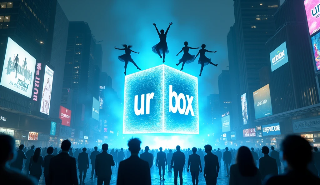 sky view to the city, a group of dancer are floating dancing above of a giant cube hologram logo with the words "UrBox" in the wide growded street, The hologram logo explodes and emits an all-encompassing blue light between cyberpunk buildings. Lighting: Dark colors, faint blue lights from billboards. Effects: LED strips on the device gradually glow. Special: The scene evokes a sense of suspense and anticipation.