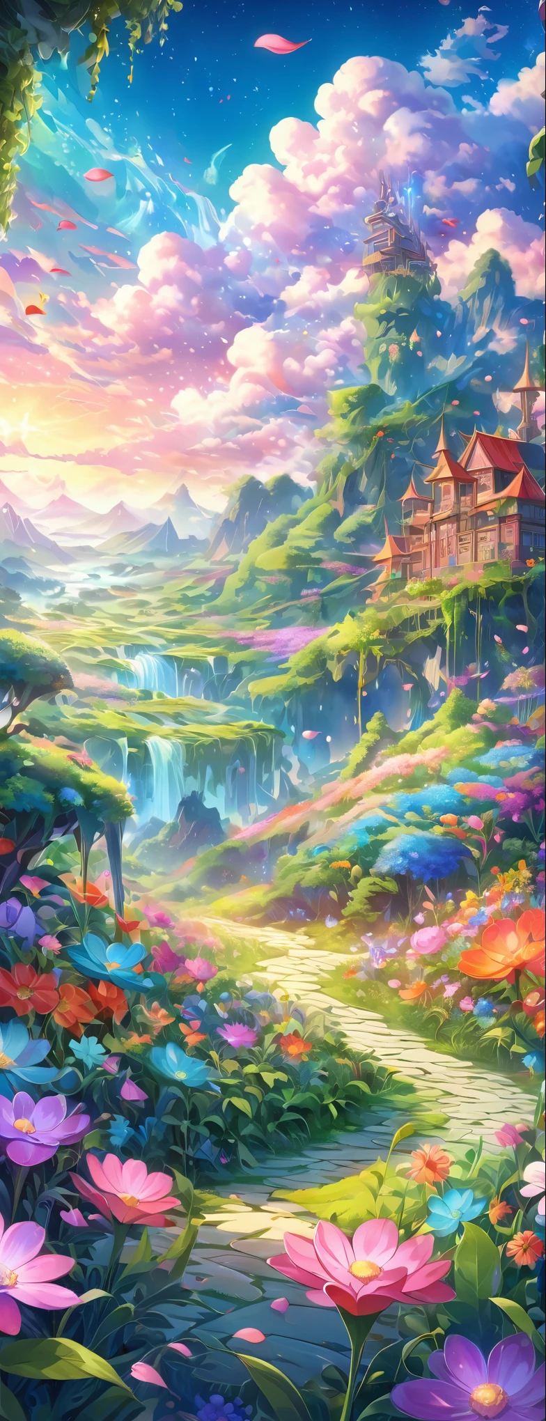 detailed fantasy flower field, glittering petals, oil painting, anime nature landscape, 4k anime art, no humans, detailed flower closeup, intricate floral patterns, lush greenery, vibrant colors, surreal atmosphere, dreamlike setting, delicate botanicals, ethereal lighting, mystical flora, enchanting nature scene