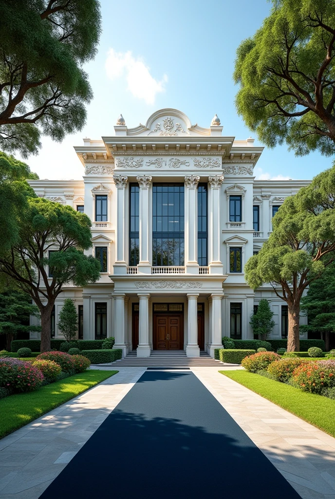 Building with Singaporean architecture has to be luxurious and classy with Singaporean architecture and a large dark blue carpets on entrance.The words Nexus Global Embassy exposed on a separate concrete full view and it has it's own large compound covered with Grass, flowers and beautiful trees 