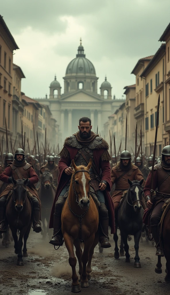 A wide shot of Odoacer's army, a mix of Germanic warriors and Roman soldiers, marching into Rome as the city’s citizens watch in despair. The sky is overcast, creating a somber atmosphere.