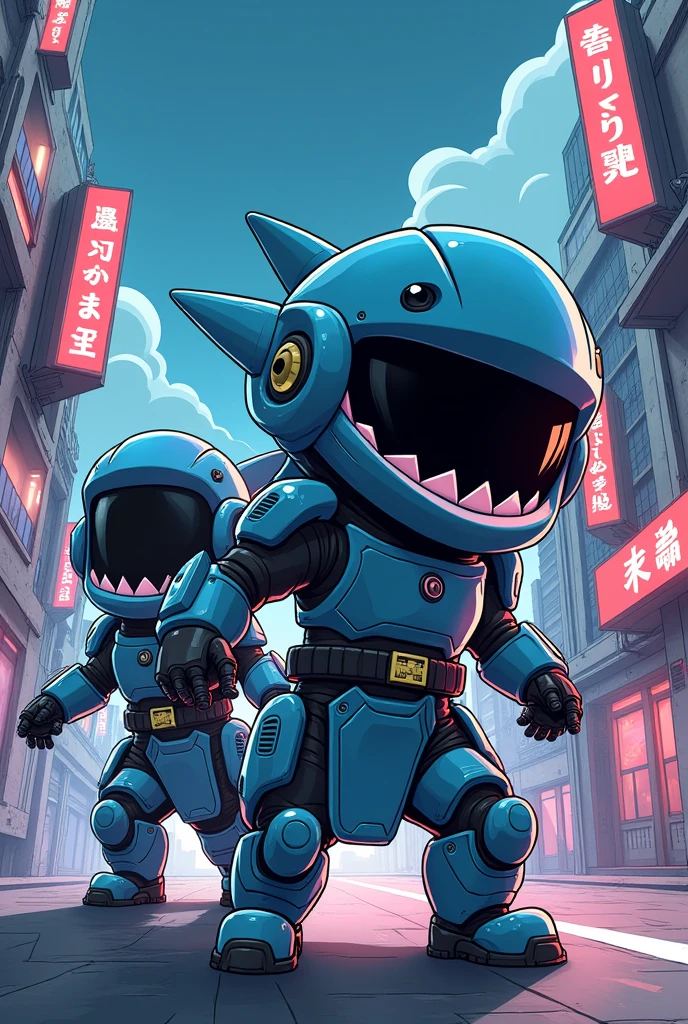 illustraction of techwear, chibi shark ninjas robot, mecha future, JAPANESE VIBE detailed design for streetwaer and urban style t-shirts design, full view body, no background