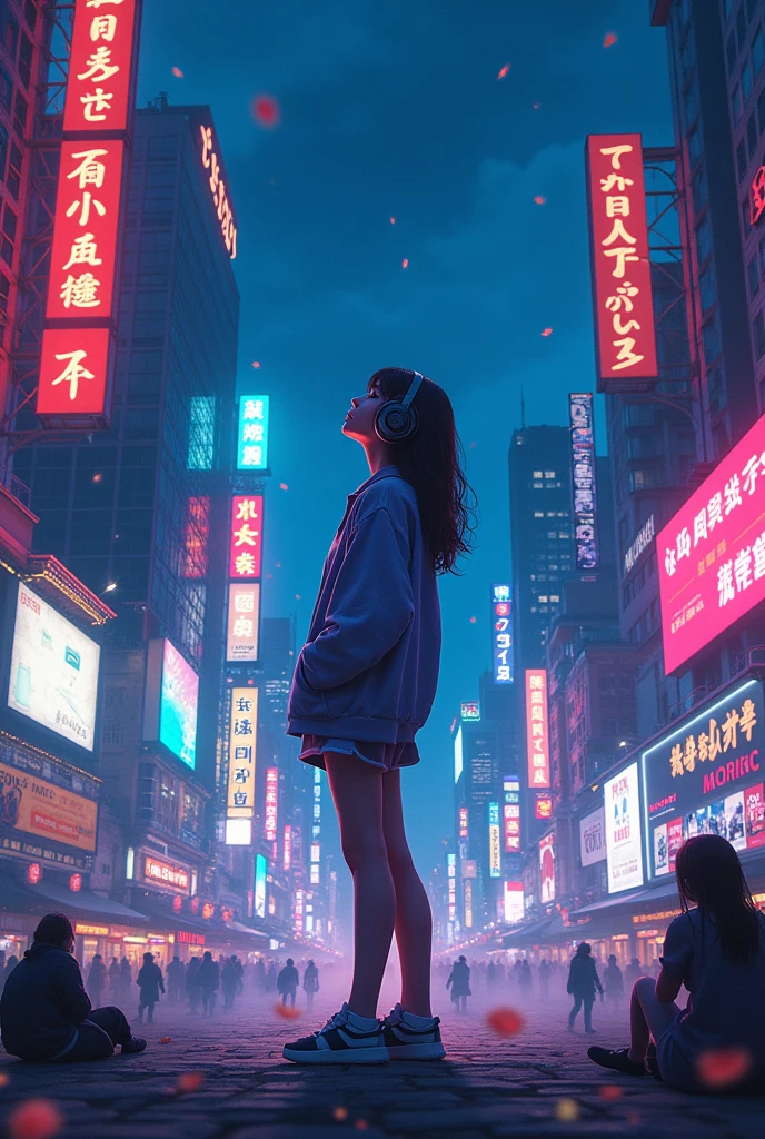 8K(Highest quality)(masterpiece)City of night、Girl wearing headphones and listening to music、Colorful