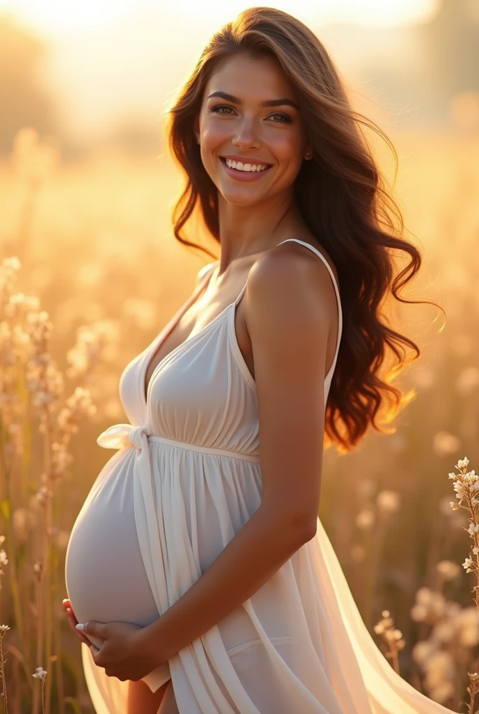 Sexy beautiful pregnant woman busty big breasts white dress happy smile
