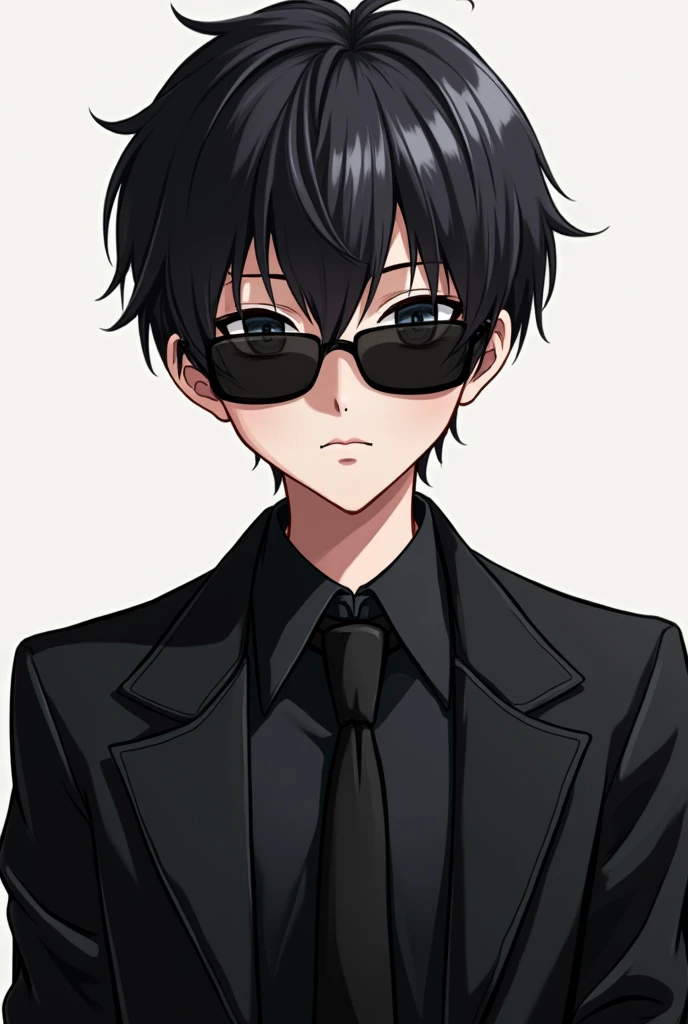 A boy wearing black jakat,a black sunglass,anime Type, black tai