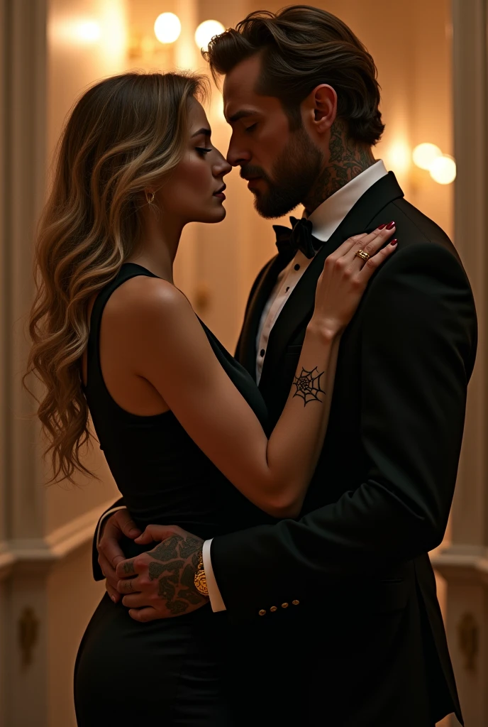 Make a couple in formal clothes at a fancy party, about to kiss. He with a confident air, staring at her with a cold gaze and serious expression, but keeping her close as if protecting her. And she with a serious expression but with a passionate look at him..
The woman being a Russian with dyed blonde hair, long hair thrown back with loose curled waves and with the brown roots showing, wearing a black silk dress, having a single small tattoo on his hand of a spider in a web.
And he's a Frenchman with chin-length light brown hair., no beards and with tattoos all over their bodies.
Make it clear in the image in a discreet way that both are criminals., SHE is a killer, his weapon being a knife and HE a mobster, his weapon being a small golden firearm.