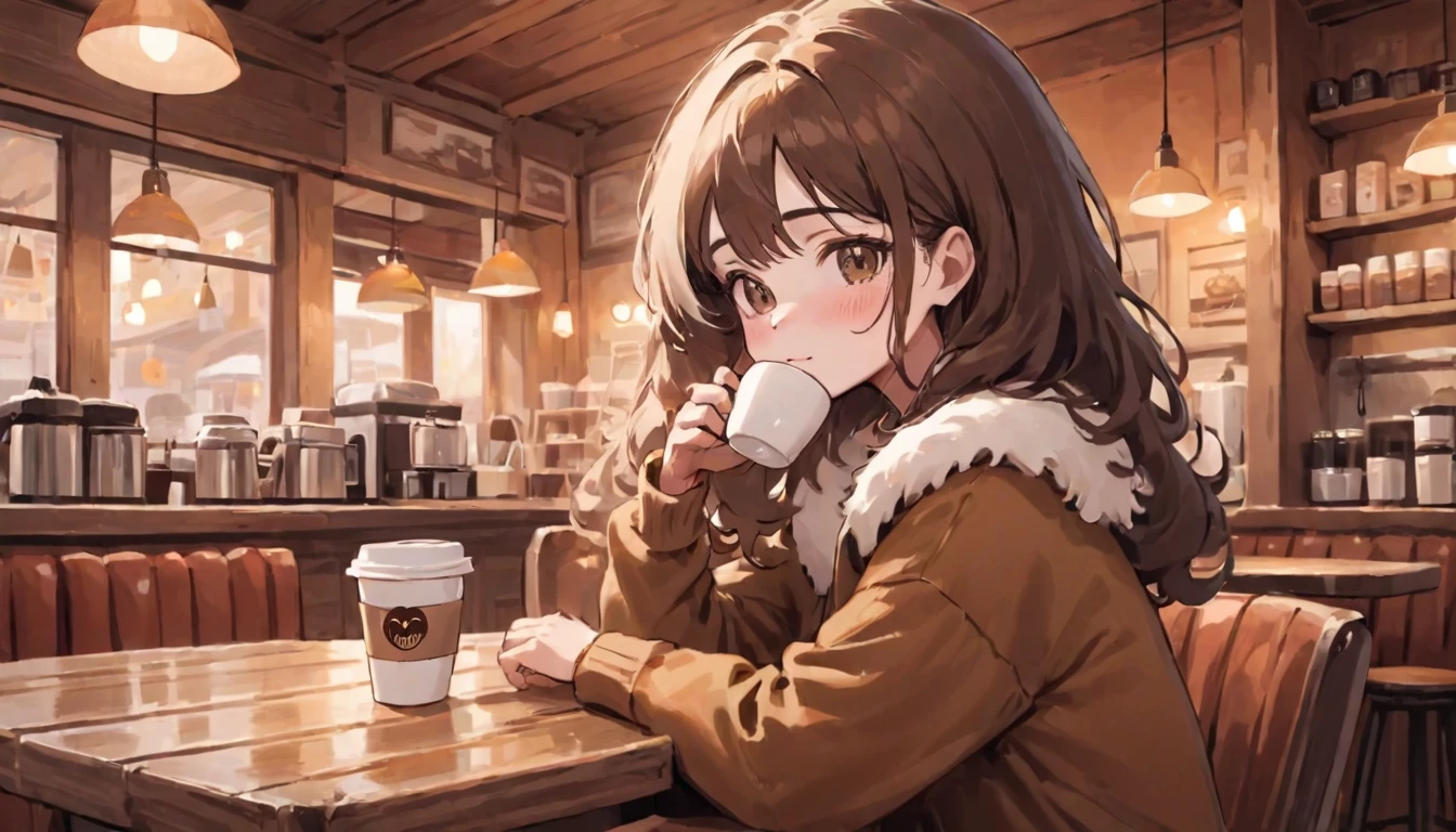 Highest quality,coffee shop, Girl drinking coffee,Fluffy hair,A faint smile, Cozy and quaint background,Wooden furniture and warm colors