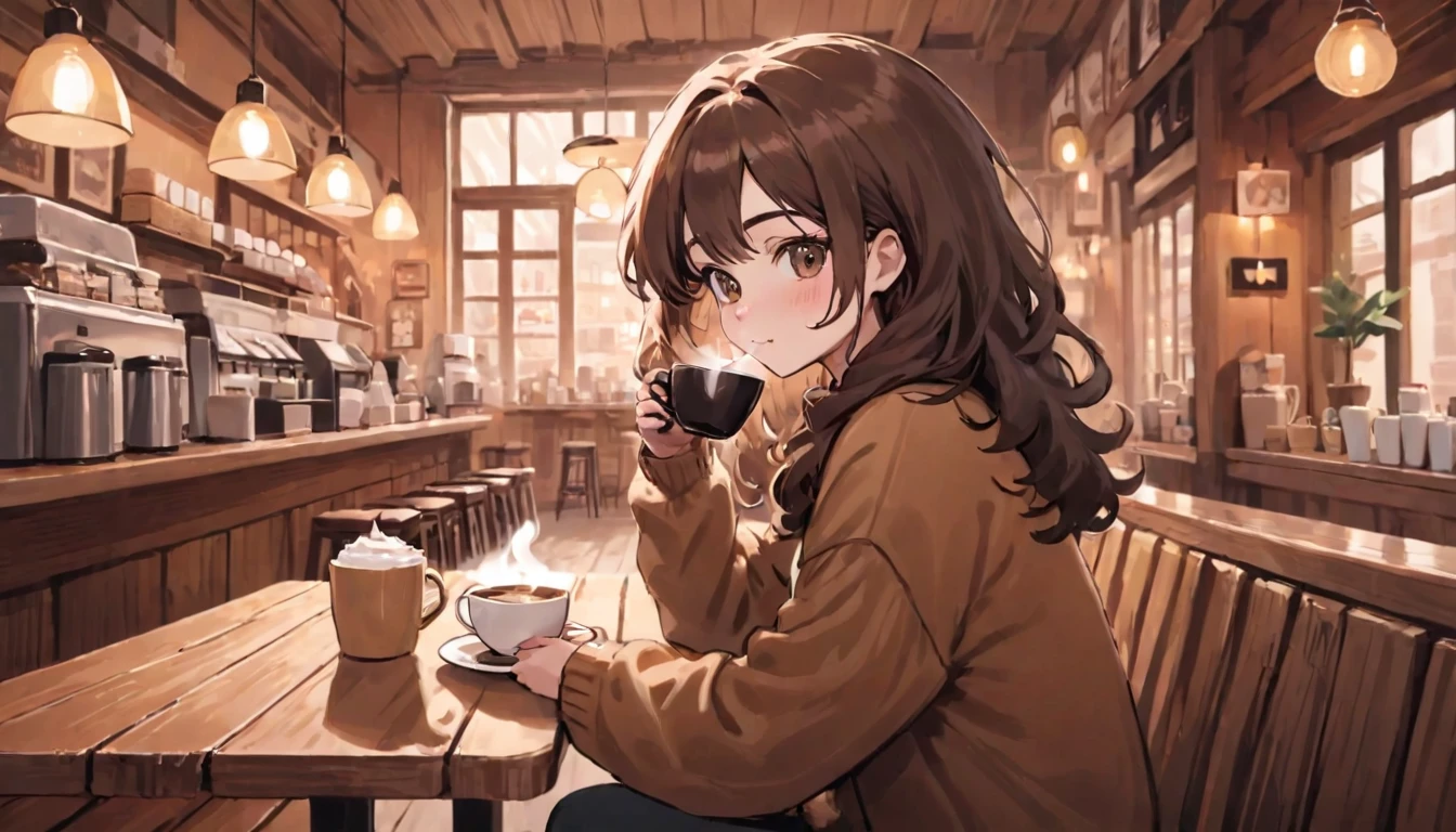 Highest quality,coffee shop, Girl drinking coffee,Fluffy hair,A faint smile, Cozy and quaint background,Wooden furniture and warm colors