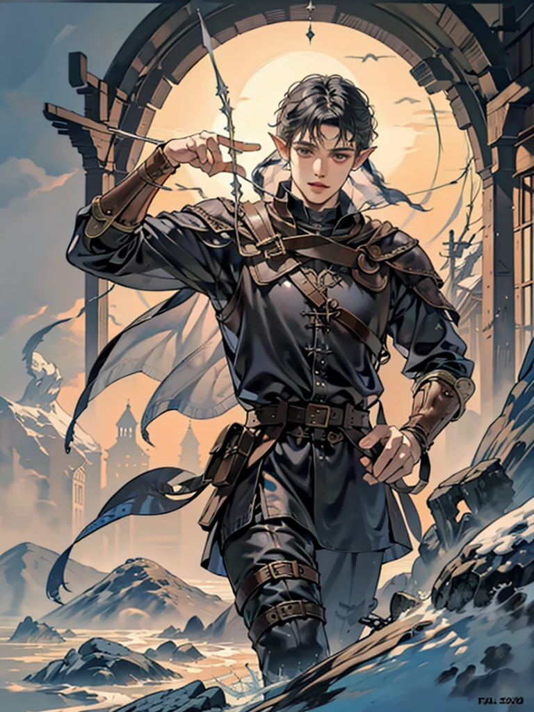 (best quality, high definition) adult 1 male elf, mystic archer, archery, long black hair, gray eyes, expressive detailed face, middle ages, dnd character, adventurer, winter medieval background