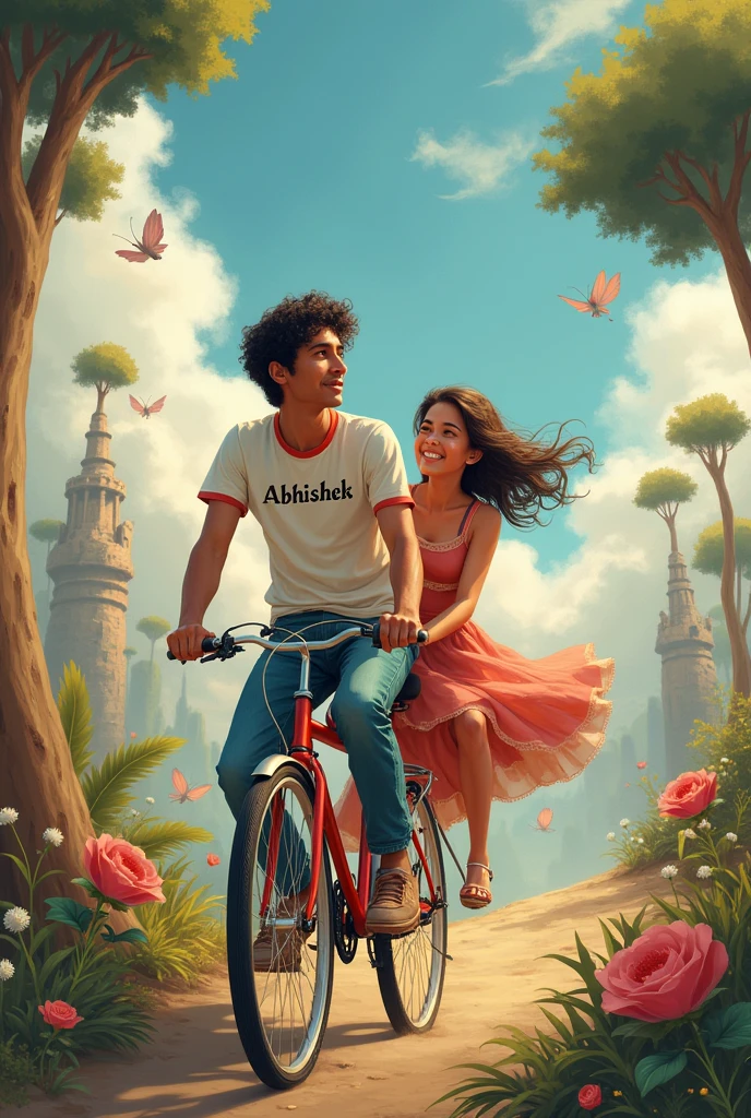 A 24 year fantastic old boy setting on a cycle with his girlfriend
His name is in the shirt "abhishek
