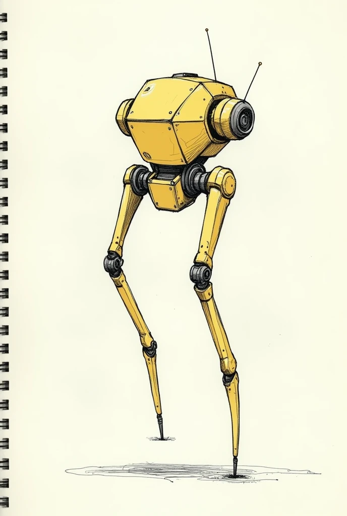 BLACK AND WHITE LINE SKETCH WITHOUT 2D FILL THAT LOOKS AT A ROBOT WITH THE FOLLOWING CHARACTERISTICS FROM THE FRONT AS IF IT WERE DRAWN IN A NOTEBOOK, simple, geometric : Metallic yellow color Short height LEVITA Thick build Long limbs