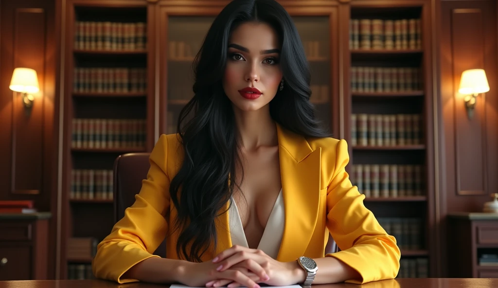 ultra realistic, photography, long black straight hair, elegant hair, (30 years old, hazel eyes, hourglass figure, perfect fit body, natural big breasts), firtatious look, crimson red lipstick, femme fatale, long eyelashes, cat-eye make-up, (best quality,4k,8k,highres,masterpiece:1.2),ultra-detailed, secretary, female, glasses, short white dress, Yellow overshirt, black pantyhose, heels, sitting at the front desk of huge law firm, HDR, 8k, absurdres, cinestill 800, sharp focus, add_detail:2, (solo, woman), full body, wide angle, extreme wide angle