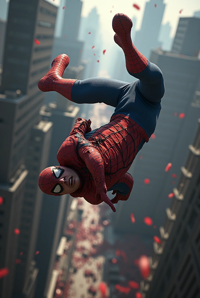 Spiderman fall at ground with bloody