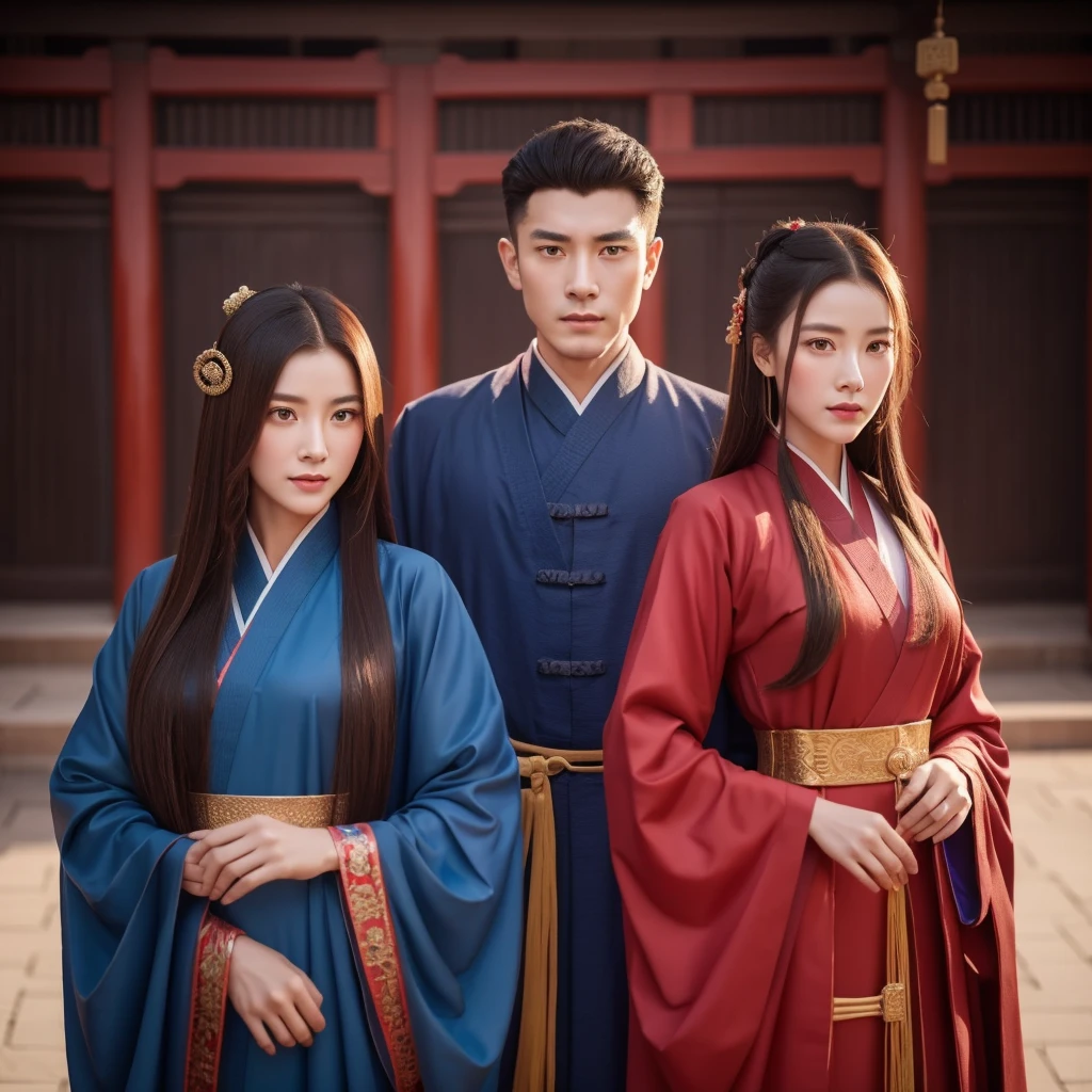 A young man and a young woman with beautiful faces and fierce expressions, dressed in the dark blue and red robes of officials from the Han Fu Dynasty.