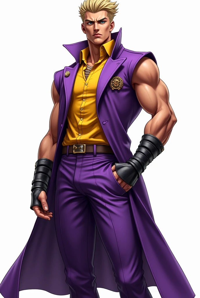 JJBA style, full body image, masterpiece, ultra-detailed, purple sleeveless trench coat, man, leather wristbands, White background, Tactical Boots, shirt #ffba00, Josuke Pin