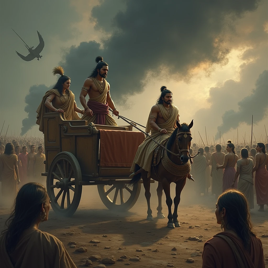 On the battlefield, visualize Arjuna in his chariot, his face etched with deep worry and sorrow. He is pointing towards the chaos around him, where the traditional societal structures are collapsing. Show the battlefield filled with confusion and disorder. In the foreground, depict spectral images of women from different families, their appearances becoming corrupted and distorted, symbolizing the degradation of moral values and the resulting chaos. These figures should appear distressed and disheveled, reflecting the loss of virtue and integrity. In the distance, the battlefield is shrouded in dark, swirling mists, representing the rise of adharma (unrighteousness). Krishna stands beside Arjuna, his expression calm yet serious, providing a counterpoint to Arjuna’s distress. The scene should emphasize the breakdown of social order and the moral crisis unfolding in the midst of the war