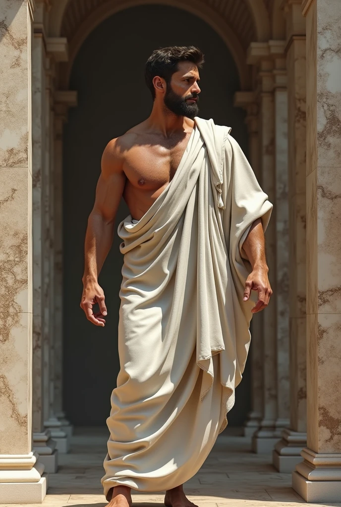 "Transform your concept into an incredible image: a strong and stoic man, inspired by the Stoic era. His features are striking and classic, with a focused expression that conveys wisdom. He is wearing a Roman toga showing off his muscles, an image with marble texture and Roman architectural elements in the background, creating an imposing and timeless image, highlighting his strength and serenity."