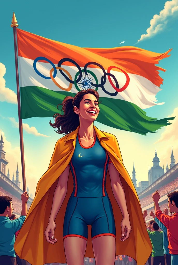vinesh phogat welcome in india after paris olympics make a sketch with slogan Create an image of Vinesh Phogat with the Indian flag.Add the Olympic rings to the image.