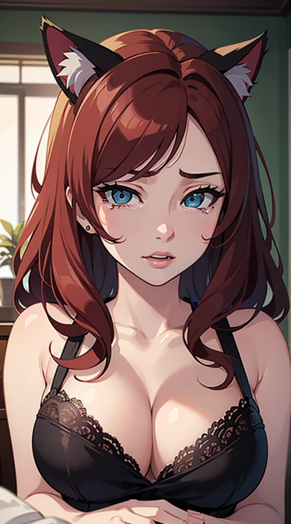 Very detailed, Erotic seductress Lana Del Rey with lace cat ears., crying, (busty, Red hair), focused on face, Focused face, intricate eyes,