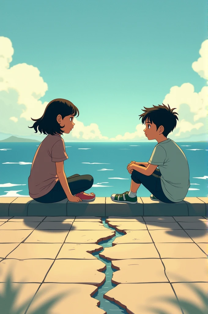 Generate an image of a girl and a boy facing sea sitting at marine drive there is a vacant space between them the tile is broken in between them so they are sitting aparat and looking at each other