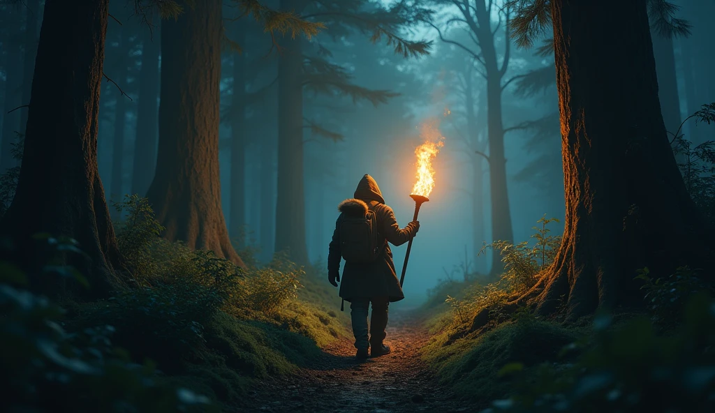 A lone traveler walking through a dark, dense forest, holding a bright torch that lights the path ahead, symbolizing guidance and inner strength.