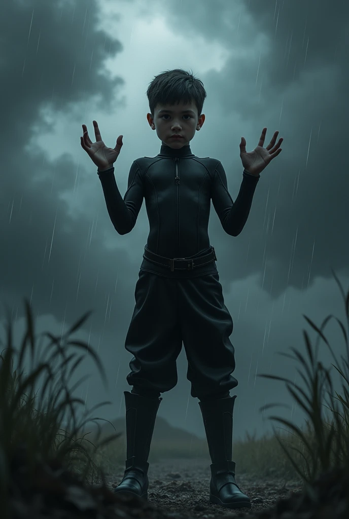 A boy in black outfit standing raising up his hands in the dark weather.