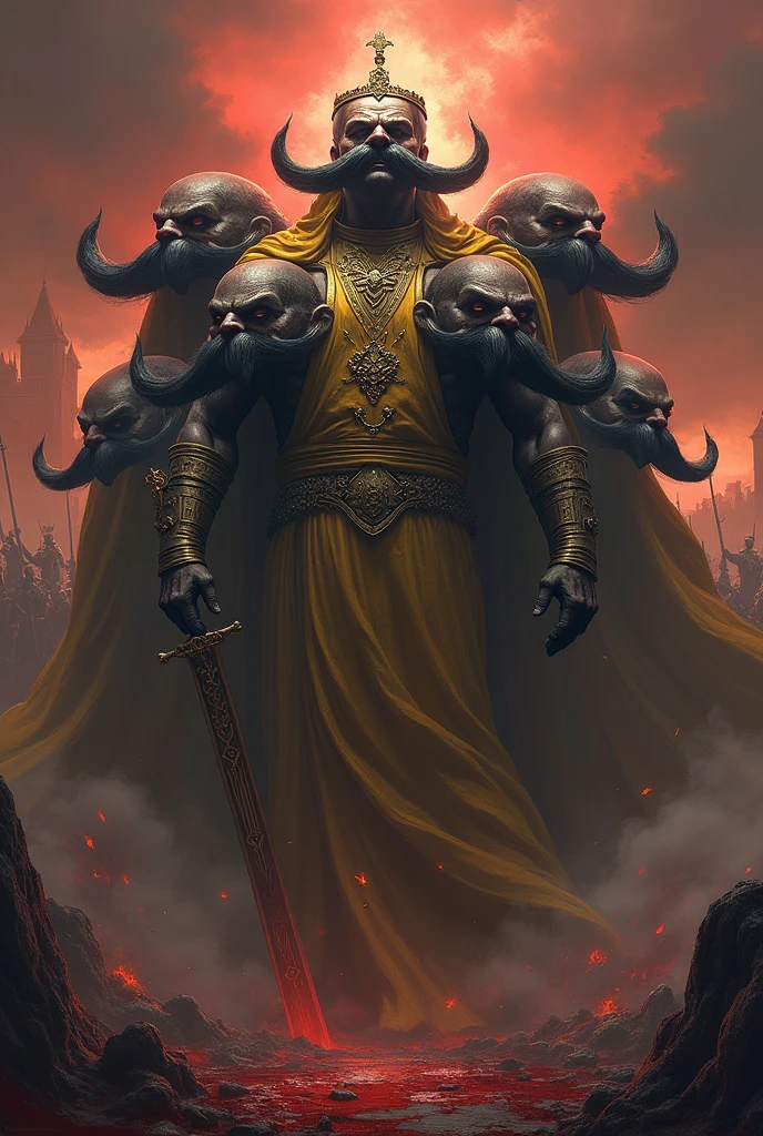 A man have 10 heads he look very danger and look like a king he had big moustaches on each head he was very big he wore king gold dress which look very very expensive he have two hands a hand contains sword which look very scary in backgroung many a big scary peoples army and destroyed things bloody things seen in sky every thing is black and scary
