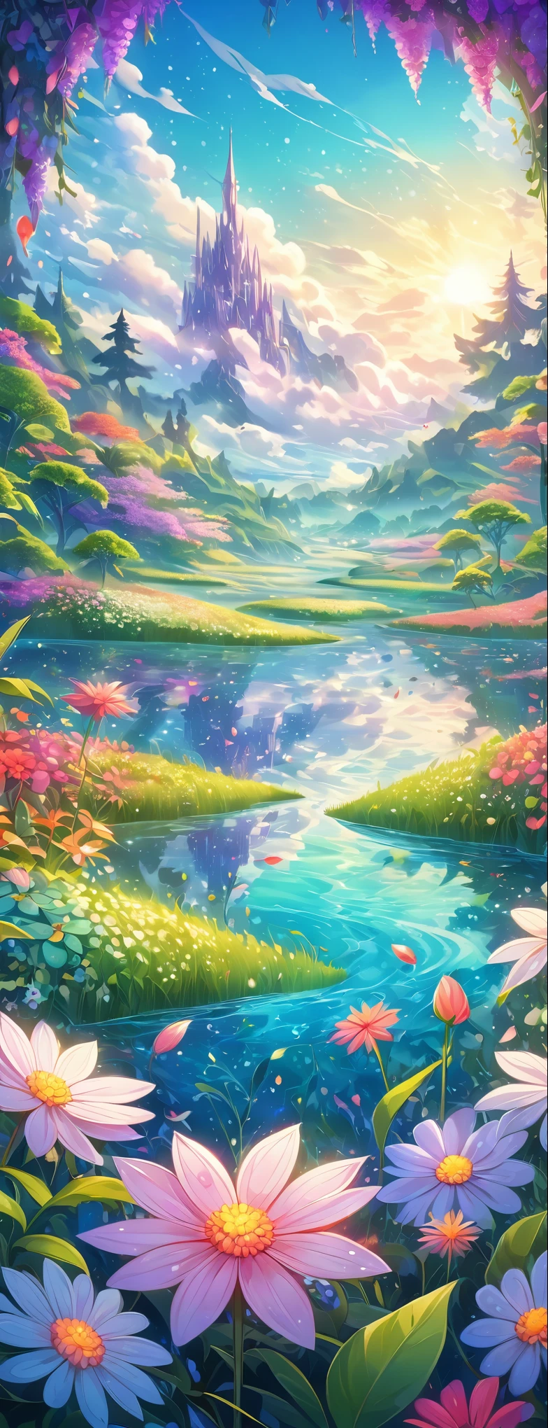 detailed fantasy flower field, glittering petals, oil painting, anime nature landscape, 4k anime art, no humans, detailed flower closeup, intricate floral patterns, lush greenery, vibrant colors, surreal atmosphere, dreamlike setting, delicate botanicals, ethereal lighting, mystical flora, enchanting nature scene