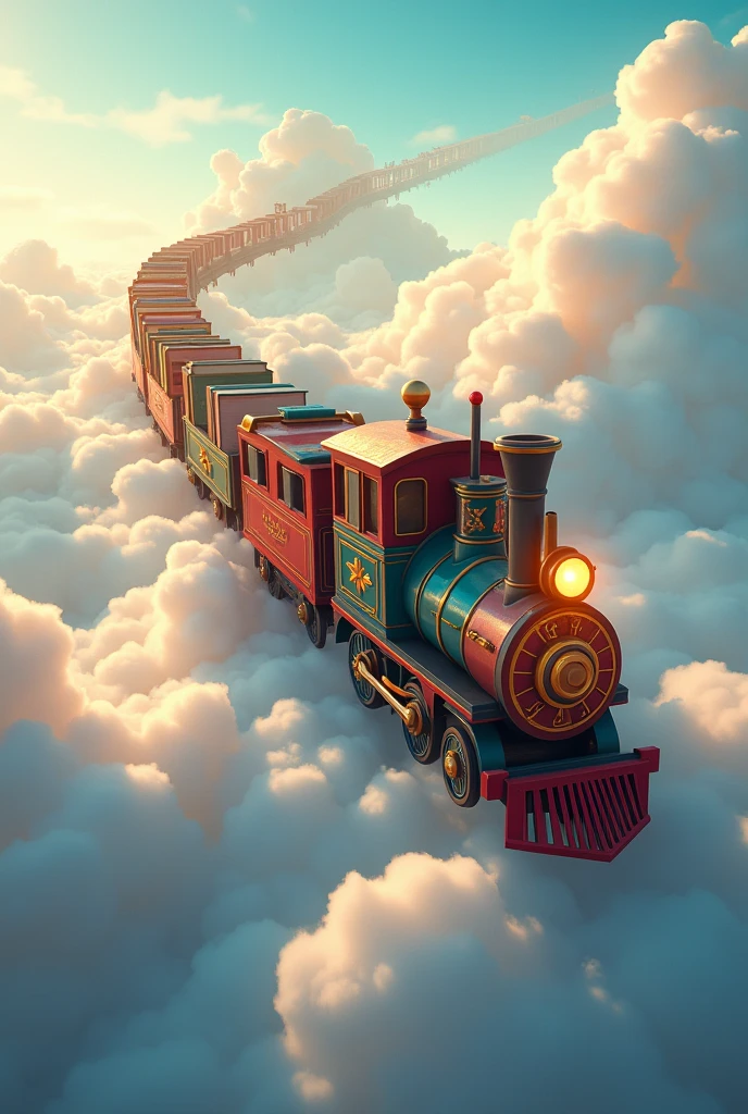 An animated train carrying books flies through the clouds