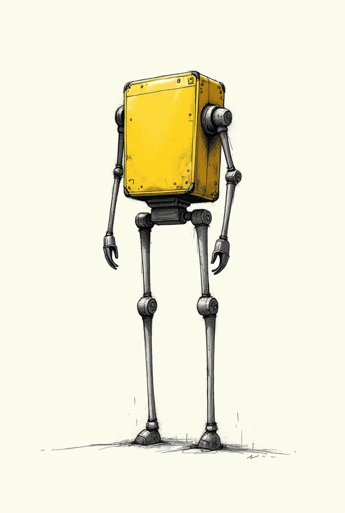 BLACK AND WHITE LINE SKETCH WITHOUT 2D FILL THAT LOOKS AT A ROBOT WITH THE FOLLOWING CHARACTERISTICS FROM THE FRONT AS IF IT WERE DRAWN IN A NOTEBOOK, simple, geometric : Metallic yellow color Short height LEVITA Thick build Long limbs