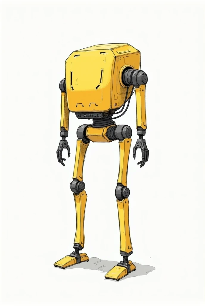 BLACK AND WHITE LINE SKETCH WITHOUT 2D FILL THAT LOOKS AT A ROBOT WITH THE FOLLOWING CHARACTERISTICS FROM THE FRONT AS IF IT WERE DRAWN IN A NOTEBOOK, simple, geometric : Metallic yellow color Short height LEVITA Thick build Long limbs
