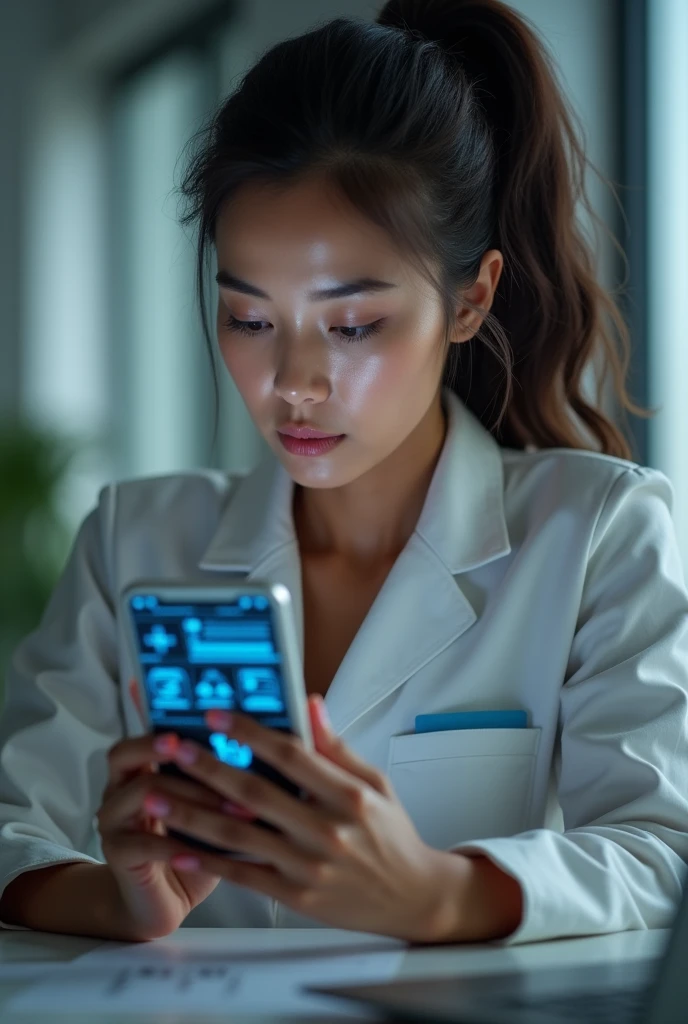 A smartphone capable of vital signs scanning using advanced technology、A woman looking at her smartphone