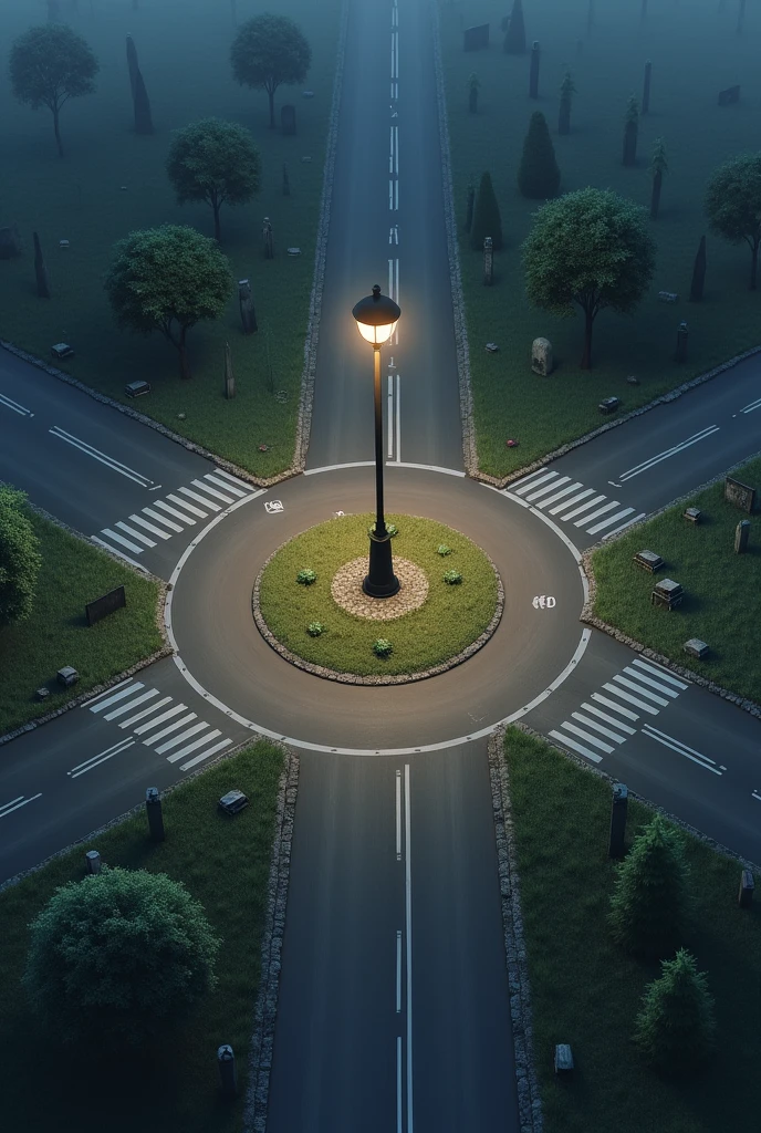 A straight road and another road runs along the middle of the road which is a junction of three roads. There is a lamppost at the intersection of three roads. There are cemeteries on both sides of the middle road.size9.16
