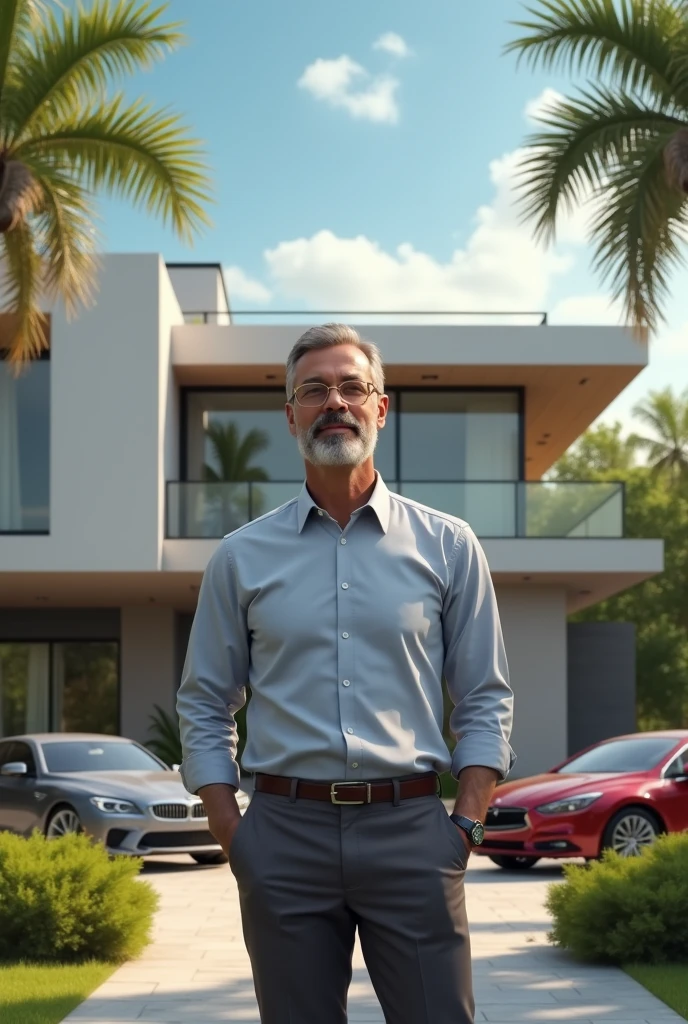 A confident, middle-aged man in casual business attire (a simple shirt and trousers) is seen standing in front of a large, modern house. Surrounding him are various symbols of wealth, including real estate properties, stock market charts, and luxury cars. He has a calm, composed expression, signifying his understanding of financial independence and the importance of making money work for him.