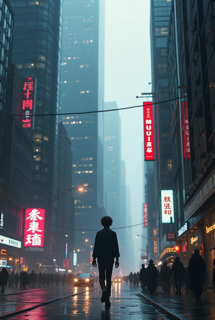 A young adult walking the streets of a big city looks lonely and lost.