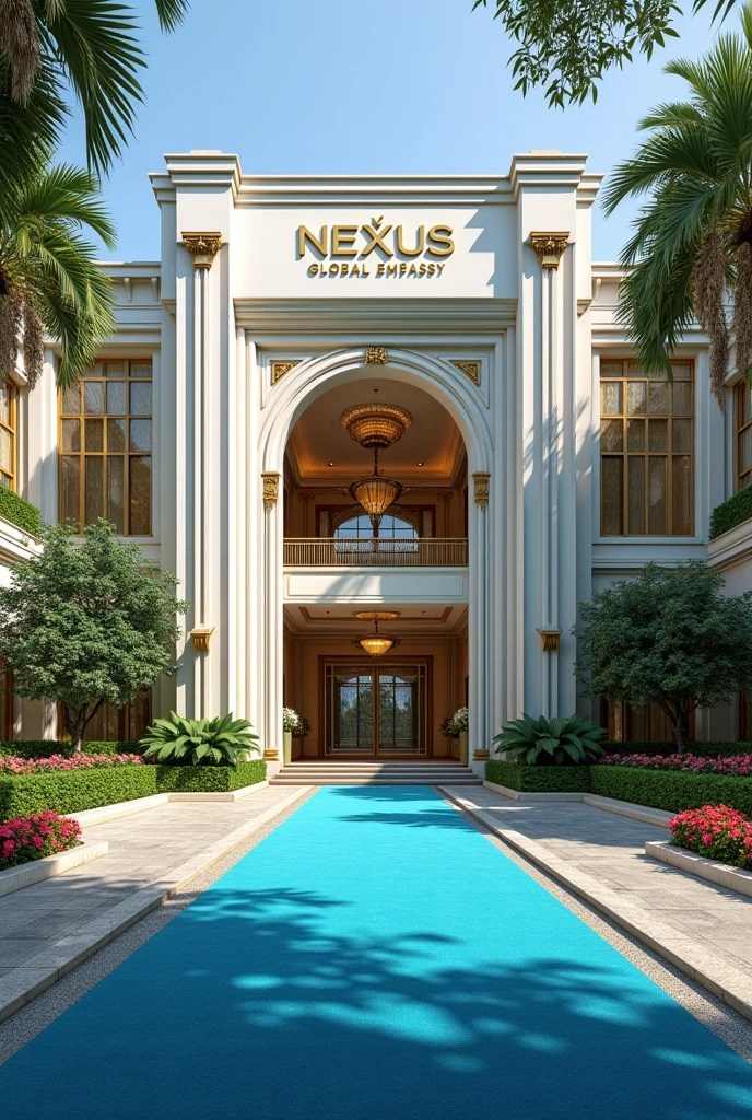 Building with Singaporean architecture has to be luxurious and classy with Singaporean architecture and a large bright blue carpets on entrance.The words Nexus Global Embassy exposed on a separate concrete full view and it has it's own large compound covered with Grass, flowers and beautiful trees 