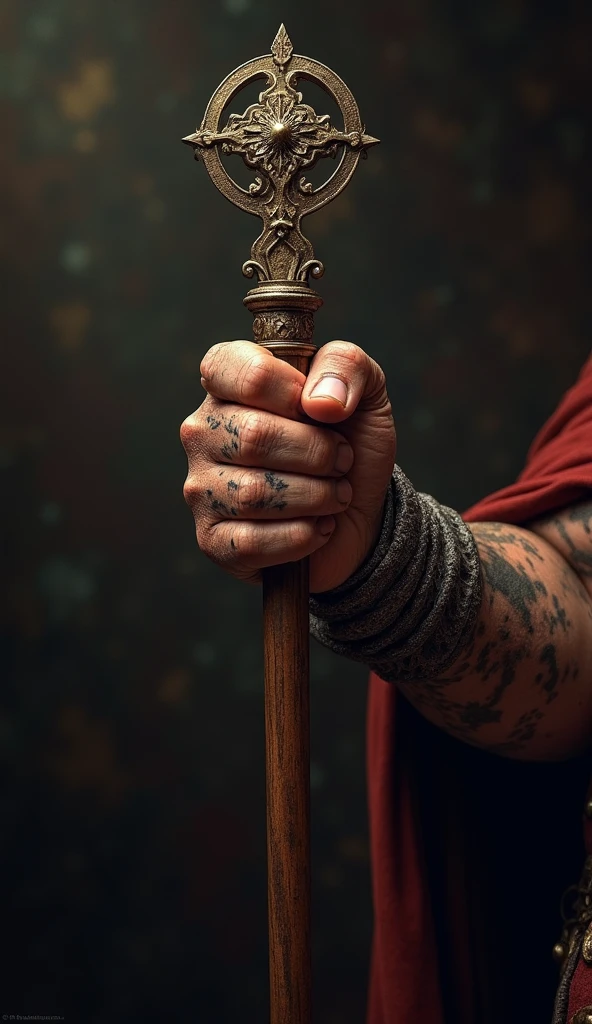 A close-up of Odoacer’s hand gripping the Roman scepter, symbolizing his control over Rome. The background fades into darkness, highlighting the end of an era