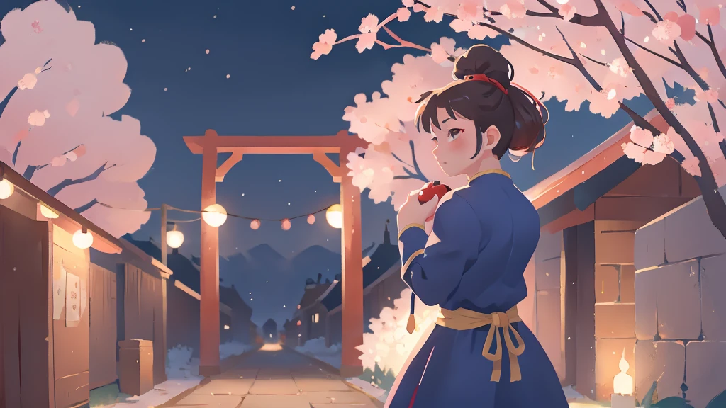 Street Fighter Chun-Li anime Cherry Blossoms at Night Looking Back moon China dress human 1 person Person big