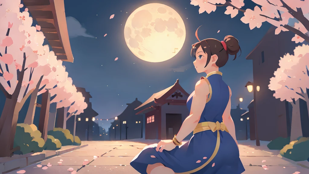Street Fighter Chun-Li anime Cherry Blossoms at Night Looking Back moon China dress human 1 person Person big