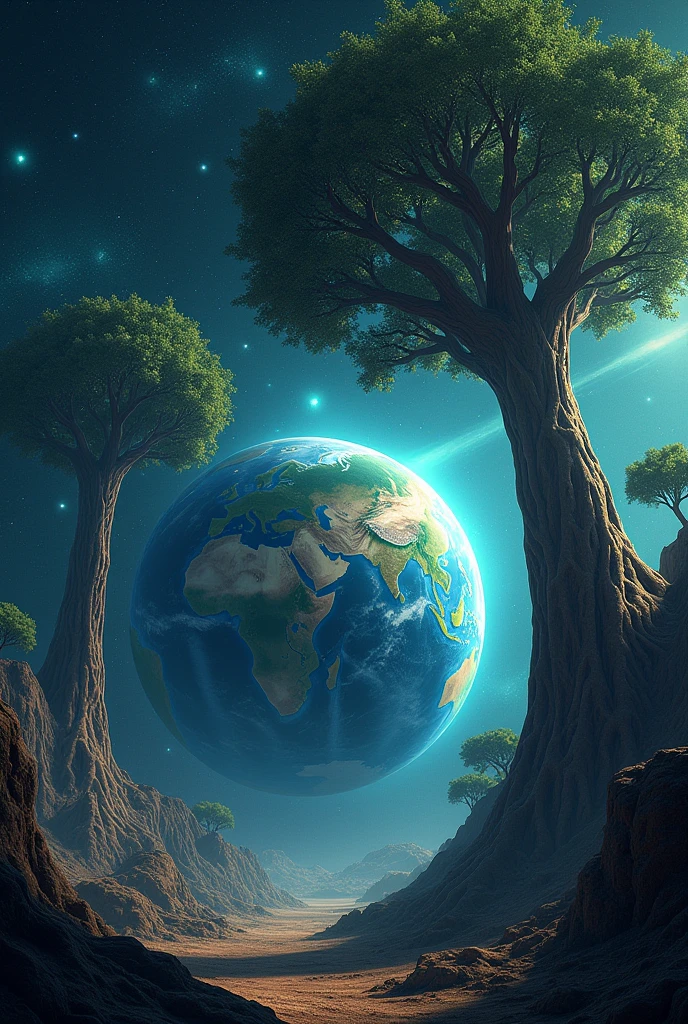An image from space and in the distance of the planet Earth with 3 enormous trees