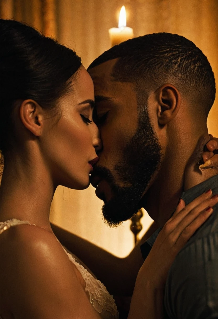 Eva Green and a handsome African American male whose facial features are a combo of Omari Hardwick + Charles Michael Davis + Jovan Adepo share a steamy kiss inside a bedroom lit only by candlelight. Eva has lovely makeup on her face. Nighttime. Romantic ambiance. Symmetrical eyes. Symmetrical faces. Lovely details. Photorealistic. Full-colored photo. Professional photo. Highly detailed 8K.