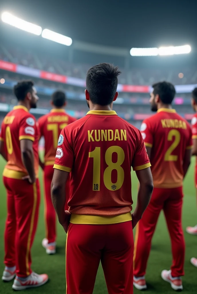 A team having Team members named Kundan 18 RCB written on his back side standing in the stadium