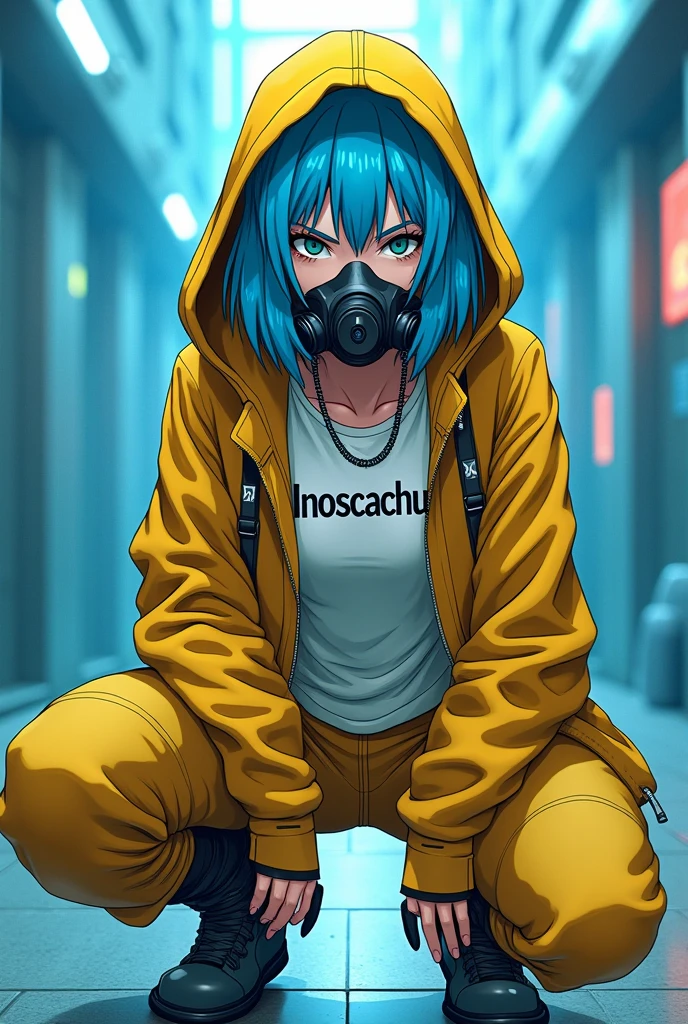 prompt: drawing style is like Akira Toriyama in Metal slug Arale , futuristic environment blue hair , gas or oxygen mask that covers the mouth and nose , The woman's style is like a dragon ball npc , The woman is wearing a coat with a yellow hood that covers part of her hair and is wearing a white t-shirt with the name Inoscachu written in black letters on the t-shirt in a crouching pose